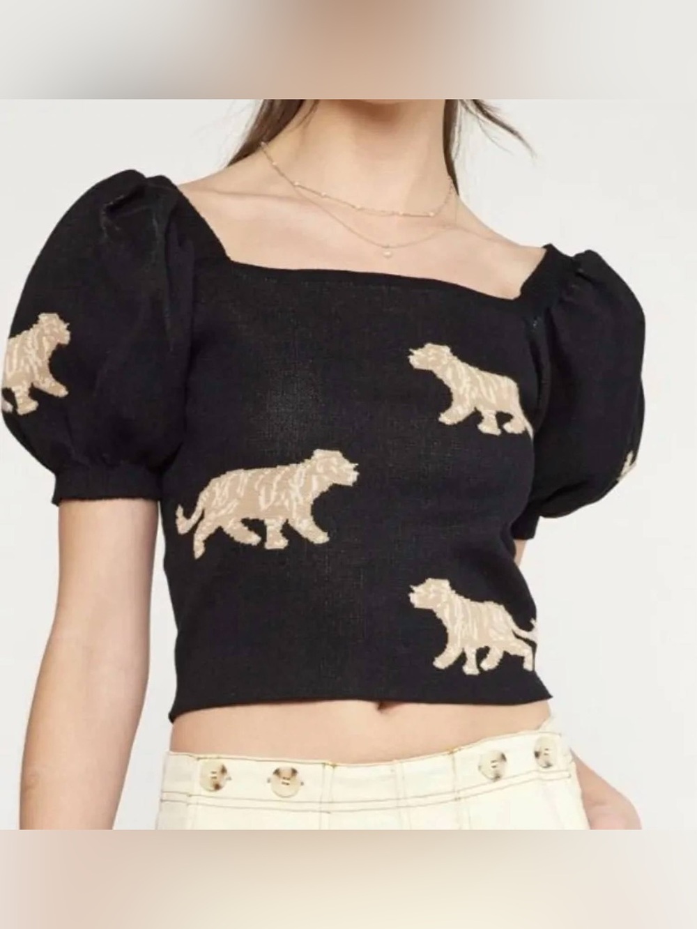 Entro Jaguar Print Puff Sleeve Cropped Sweater Blouse Black Size S
